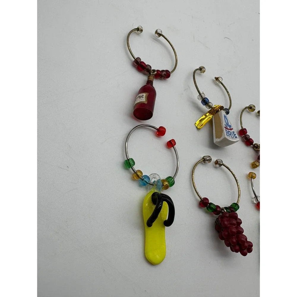 Mixed Wine Glass Charms 7pc Wine Bottle Brie Grapes Flip Flops Beaded Novelty